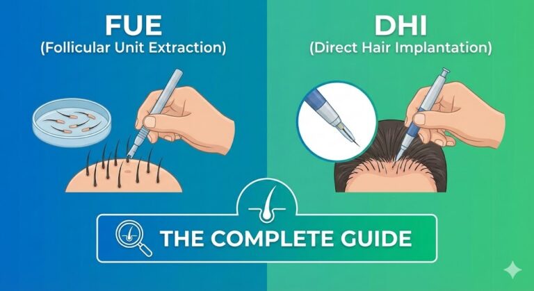 Infographic comparing FUE (Follicular Unit Extraction) and DHI (Direct Hair Implantation) hair transplant methods, showing tools, process, and application areas.