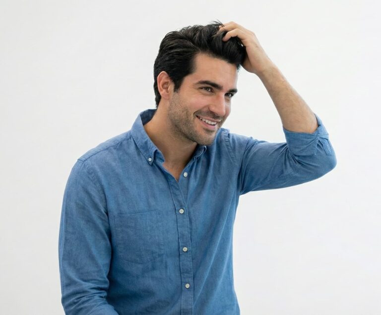 Smiling man touching his thick, restored hair, demonstrating successful FUT hair transplant results and high graft survival